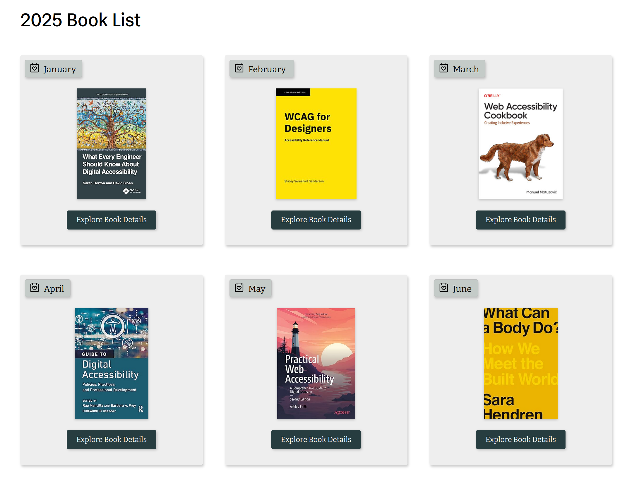 The 2025 book list of the Accessibility book club. The full list is available through the link in the previous paragraph.