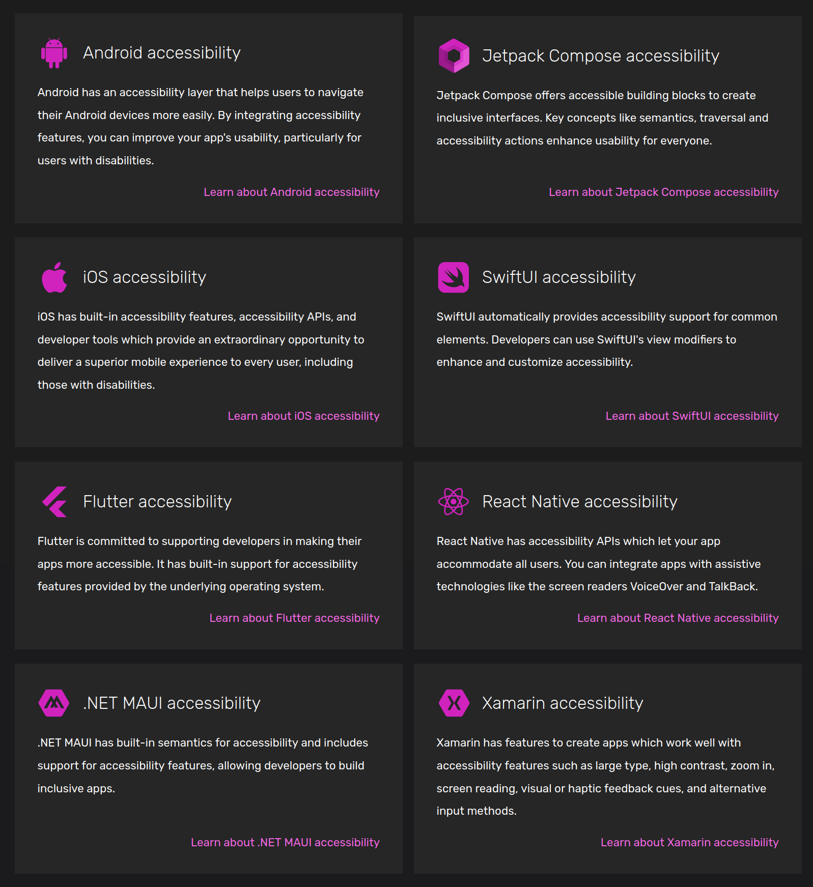 A screenshot of the frameworks documented by the Appt foundation: android, Jetpack compose, iOS, swiftUI, Flutter, React Native. .NET MAUI and Xamarin