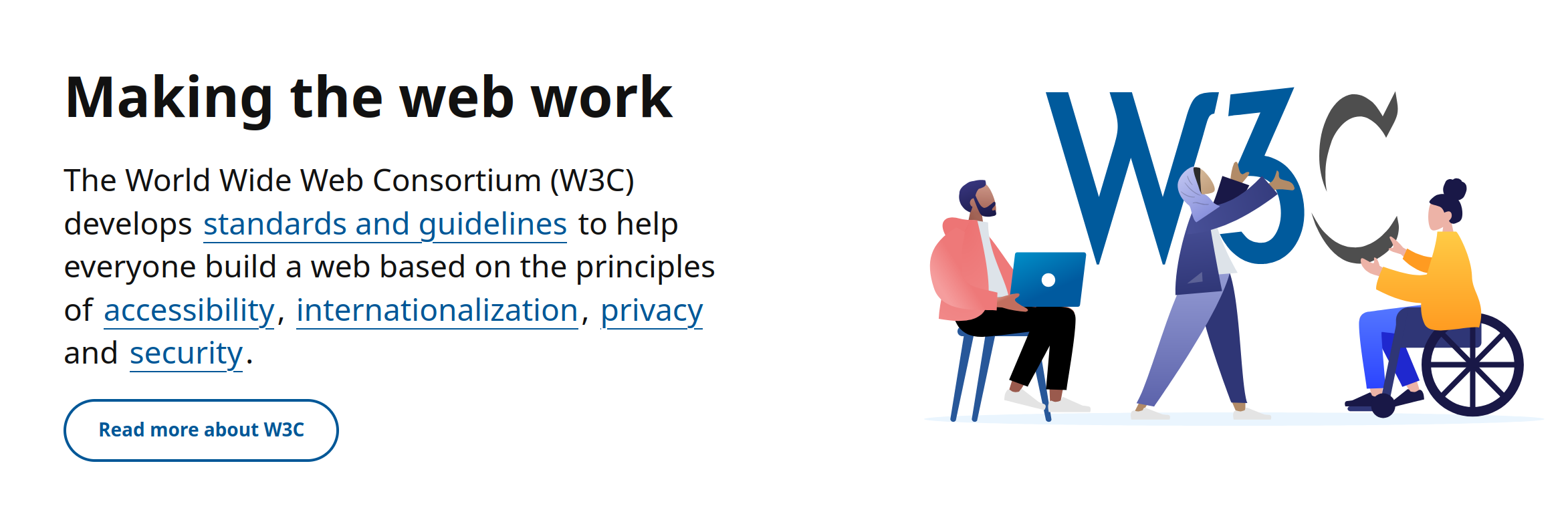 A screenshot of the main page of the W3C stating 'The World Wide Web Consortium (W3C) develops standards and guidelines to help everyone build a web based on the principles of accessibility, internationalization, privacy and security'.