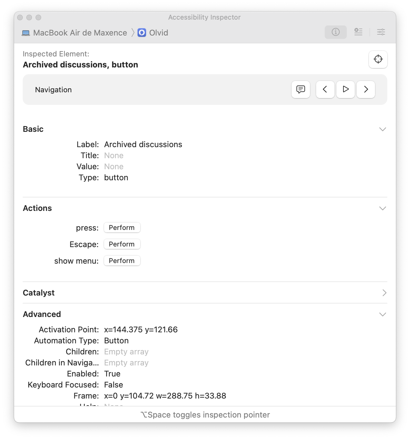 Screenshot of the accessibility inspector inspecting Olvid