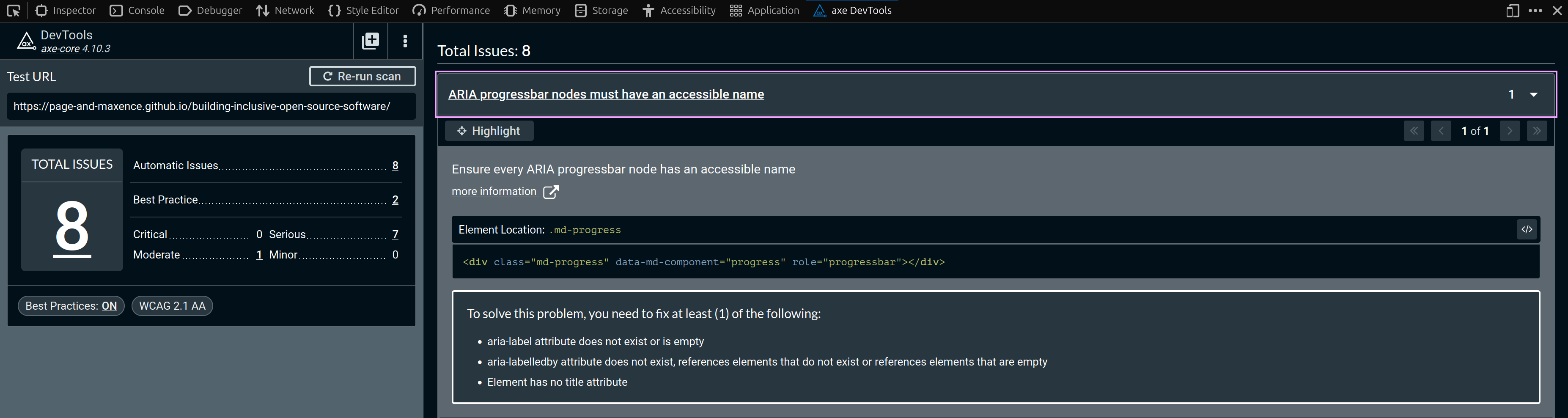 A screenshot showing the Axe extension being used. It's analyzing a webpage detecting 8 errors.
